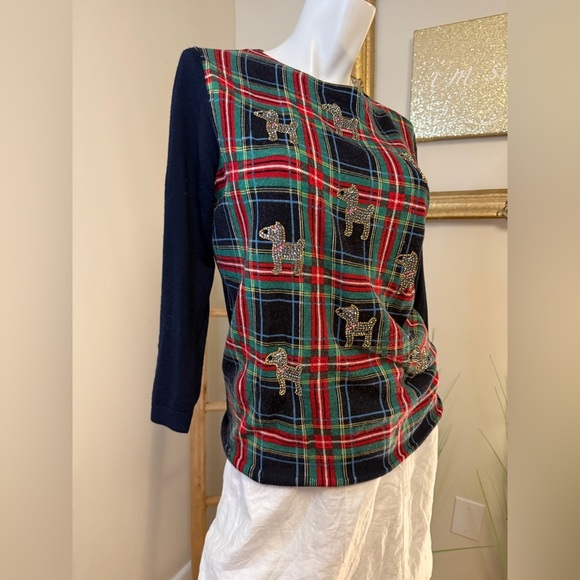 Talbots Sweater Size M Merino Wool Christmas Plaid Rhinestone Dog Womens - Picture 5 of 6